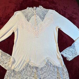 Venus Womens Ribbed Lace Trim Mock Neck Long Sleeve Top Pink Z84504 FA18 Large